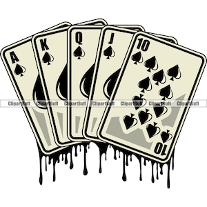 Poker Royal Flush Dripping Hand Casino Playing Cards Game Drip Gamble Vegas Table Win Vintage Jackpot Winner Art Logo Design JPG PNG SVG Cut