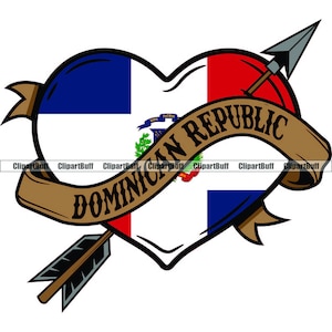 May include: A heart-shaped design with the Dominican Republic flag inside. The heart is pierced by an arrow and wrapped with a brown ribbon that reads "Dominican Republic".