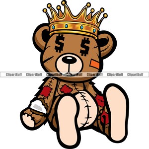 May include: A brown teddy bear wearing a gold crown with blue jewels. The bear has stitched seams and red patches on its body. The bear's eyes are covered with dollar signs.