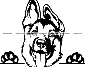 May include: Black and white illustration of a German Shepherd dog's head peeking over a surface with its tongue sticking out. The dog has two paws on either side of the surface.