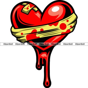 May include: A red heart with a yellow bandage wrapped around it, dripping with blood. The heart is a symbol of love and pain.