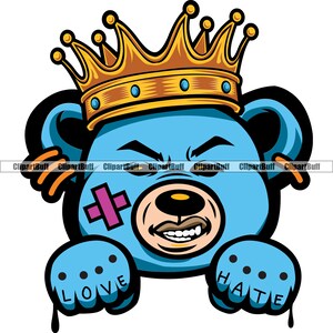 Hustle Gangster Teddy Bär König Narbe Gesicht Verband Gold Ohrringe Cartoon Hip Hop Rap Liebe Hass Faust Schläger Farbe Tattoo Art Logo Design PNG SVG