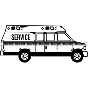 May include: A black and white line drawing of a service van with the word "SERVICE" printed on the side.