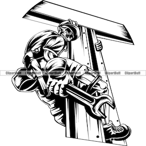 Skeleton Iron Metal Worker Holding Wrench Industry Industrial Equipment Builder Mechanical Engineering Art Tattoo Skull Design PNG SVG Cut