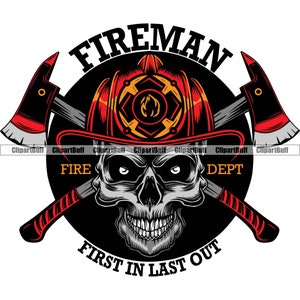Pompier Fire First In Last Out Tête de crâne Squelette Pompier Pompier Département de lutte contre les incendies Équipement Hero Work Art Tattoo Color Design PNG SVG File