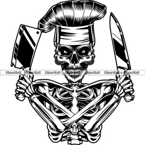 Schädel Koch Hut Skelett Metzger Messer Scary Cook Food Restaurant Kulinarische Küche Gastronomie Tattoo Design Logo JPG PNG SVG Cut File