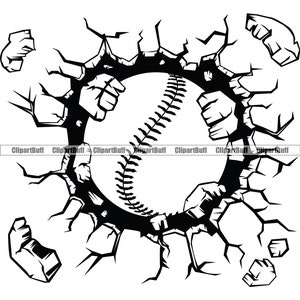 May include: A black and white illustration of a baseball breaking through a cracked wall. The baseball has stitching and is in the center of the image.