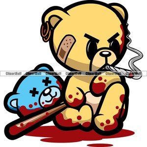 Gangster Teddy Bär Schläger Rauchen Blut Blut Puddle Feind Kopf Mafia Mob Boss Cartoon Hip Hop Rap Trap Tattoo Art Logo Design PNG SVG