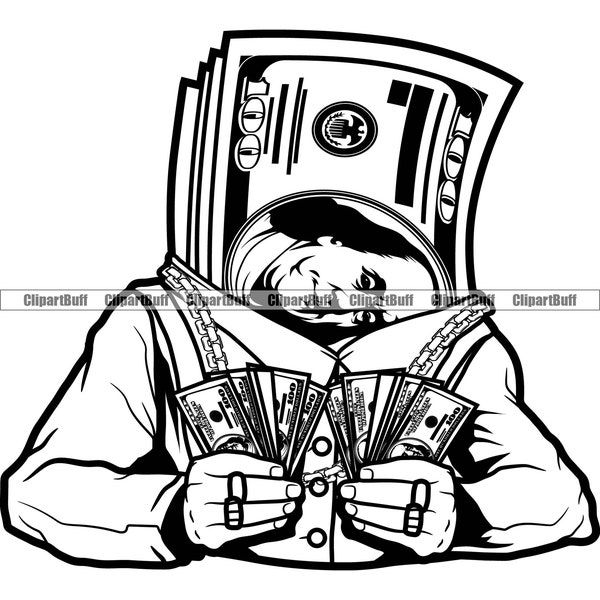 Hustle Money 100 Dollar Bill Stack Character Counting Cash Note Gold Ring Hip Hop Rap Rapper Hustling Art Design Gangster JPG PNG SVG Cut