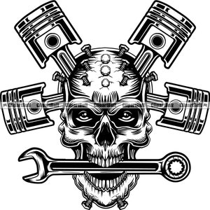 Schedel zuiger op hoofd skelet moersleutel klusjesman werknemer bouwer machine engineering monteur mechanisch ontwerp element JPG PNG SVG cut-bestand