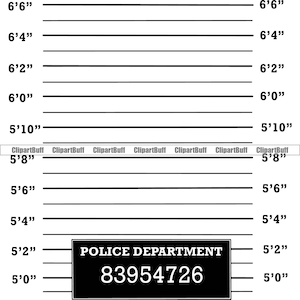 Könnte beinhalten: Ein schwarz-weißes Höhendiagramm mit einem schwarzen Schild am unteren Rand, auf dem "POLICE DEPARTMENT 83954726" steht. Die Karte hat Markierungen für Höhen von 5'0" bis 6'6".