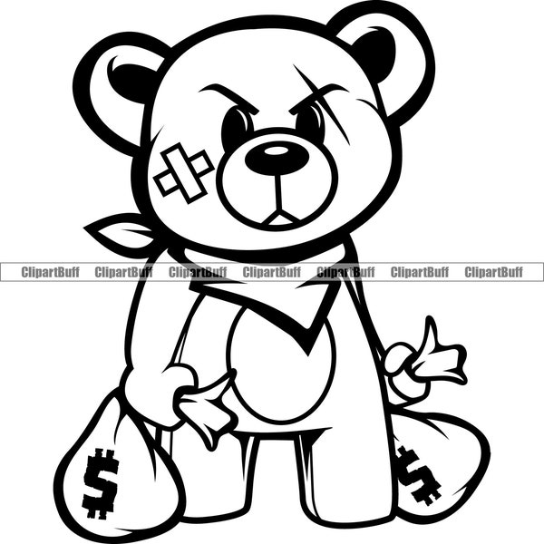 Gangster Hustle Teddy Bear Scar Face Bandage Money Bag Bandana Scarf Rap Rich Rapper Hip Hop Art Hustling Tattoo Design JPG PNG SVG Cut File