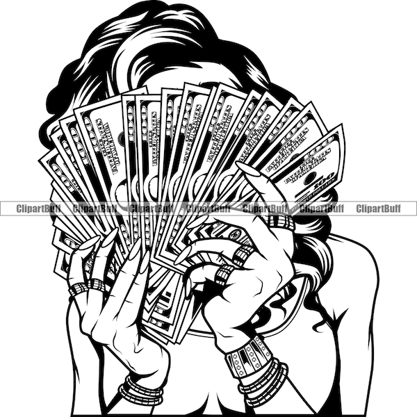 Gangster Hustle Woman Hands Nails Gold Ring Bracelet Money Hustling Female Rich Boss Lady Business Girl Art Design JPG PNG SVG Cut File