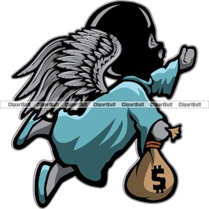 Gangster Hustle Baby Angel Wings Holding Money Bag Ski Mask Rich Cash Street Fashion Hip Hop Rap Hustling Art Color Design JPG PNG SVG Cut