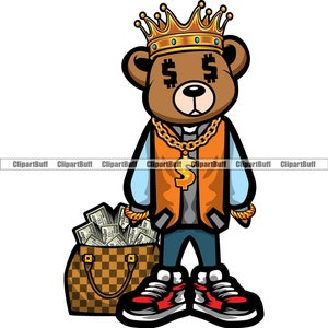 Hustle Teddy Bär König Luxus Geldbeutel Bargeld Reich Dollar Zeichen Augen Gold Halskette Swag Rap Hip Hop Art Tattoo Design JPG PNG SVG geschnitten Datei
