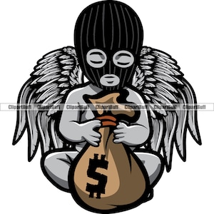 Gangster Hustle Baby Statue Angel Wings Holding Money Bag Ski Mask Religion Religious Street Fashion Hustling Color Design JPG PNG SVG Cut