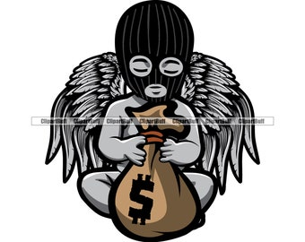 Gangster Hustle Baby Statue Angel Wings Holding Money Bag Ski Mask Religion Religious Street Fashion Hustling Color Design JPG PNG SVG Cut