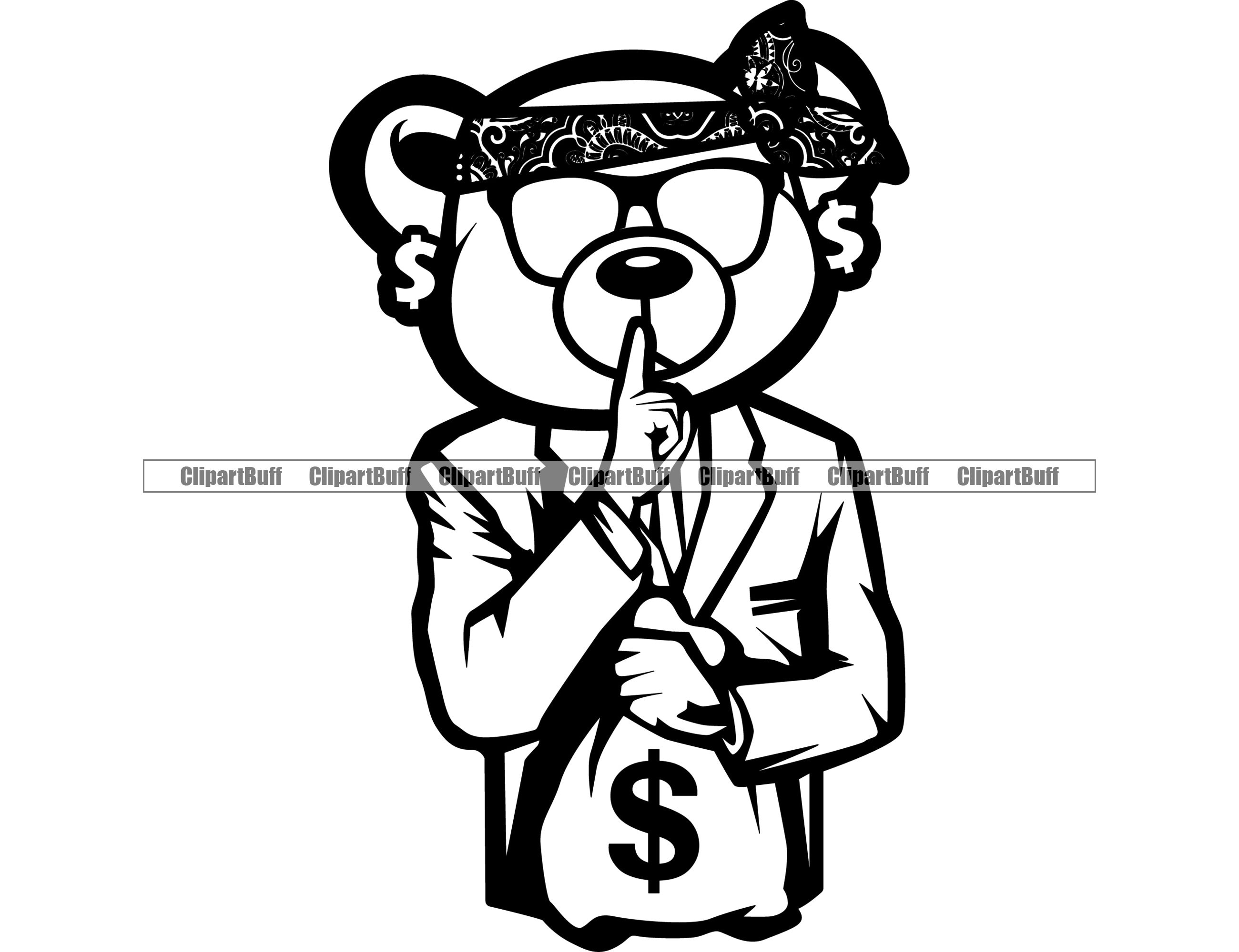 Gangster Hustle Teddy Bear Shh Finger Gesture Money Bag Sunglasses