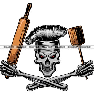 Skull Chef Baker Bakery Baking Pizza Peel Rolling Pin Skeleton Cooking Cook Food Restaurant Kitchen Cuisine Tattoo Color Design JPG PNG SVG