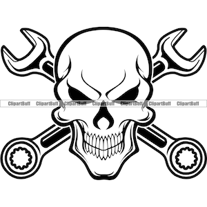Skull Skeleton Tools Wrench Cross Bones Builder Labor Home Mechanic Garage Worker Repair Evil Scary Tattoo Logo Design JPG PNG SVG Cut File