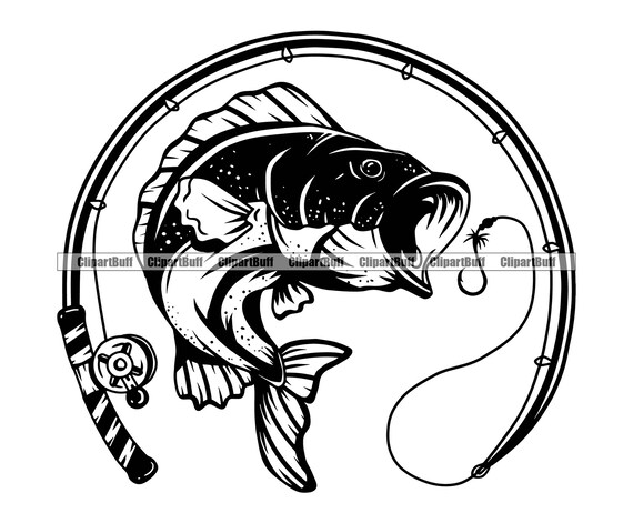 bass fish jumping at lure symbol Largemouth Bass Fishing Rod Reel Lure Bait Catch Angler Sport Badge League  Equipment Emblem Background Art Logo Design JPG PNG SVG Cut File
