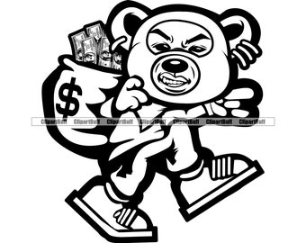 Gangster Hustle Teddy Bär mit Ski Maske stehlen Geld Tasche Turnschuhe Cash Grind Rap Rapper Hip Hop Hustling Tattoo Design JPG PNG SVG Cut