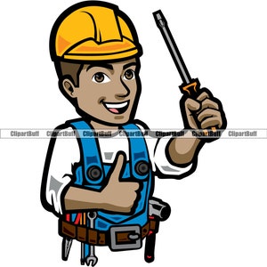 Złota rączka kreskówka mężczyzna pracownik budowy kask renowacja budowniczy budynek budować dom naprawić firma logo projekt sztuka JPG PNG SVG plik cięcia