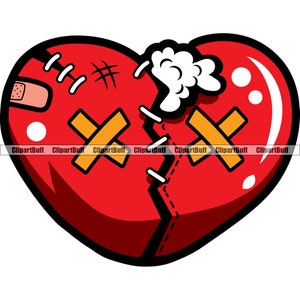 Corazón roto Sin corazón Personaje de dibujos animados Puntadas Cabeza Cara Vendaje No hay amor herido Rap Hip Hop Arte Hustling Diseño de tatuaje JPG PNG SVG Archivo de corte