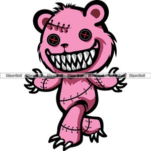 Horreur Teddy Bear Mean Sharp Dents Effrayant Creepy Doll Scar Face Stitches Hip Hop Rap Rich Gangster Hustling Couleur Tatouage Logo Design PNG SVG