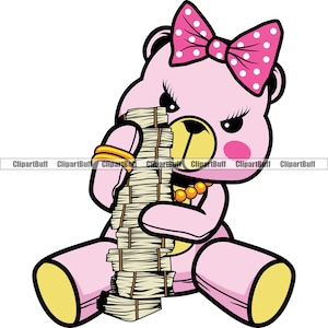 Lindo Mujer Hustle Oso de peluche Lazo para el cabello Joyería de oro Pila de dinero Personaje de dibujos animados Hip Hop Rap Hustle Color Capucha Tatuaje Diseño de logotipo PNG SVG