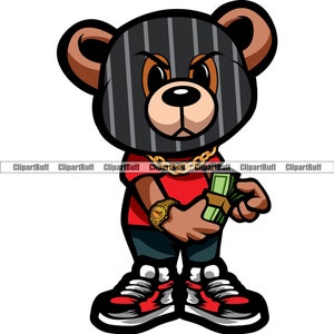 Gangster Hustle Teddy Bär Ski Maske Zählen Cash Geld Stapel Narbe Gesicht Gold Schmuck Kette Cartoon Hip Hop Rap Tattoo Logo Design PNG SVG