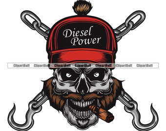Tow Truck Driver Skull Diesel Power Hat Driving Towing Chain Hooks Skeleton Beard Cigar Trucking Semi Business Logo Color Design PNG SVG Cut