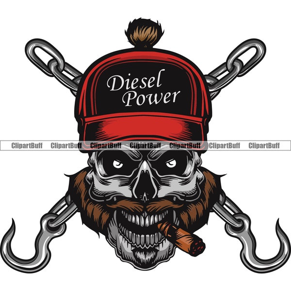 Tow Truck Driver Skull Diesel Power Hat Driving Towing Chain Hooks Skeleton Beard Cigar Trucking Semi Business Logo Color Design PNG SVG Cut