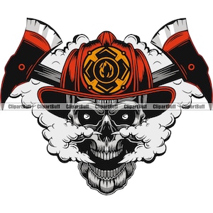 Pompier Skull Hat Axes Travail Travailleur Incendie Pompier Pompier Casque Sauvetage Pompier Lutte contre les Incendies Mal Effrayant Tatouage Art Logo Design JPG PNG SVG Cut