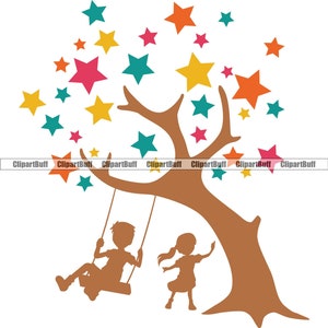 Kinderopvang Kinderopvang Meisje Jongen Lerarenopleiding Nazorg Kinderen Spelen Leuke Boom Swing Sterren Babysitten Logo Ontwerp JPG PNG SVG Cut File