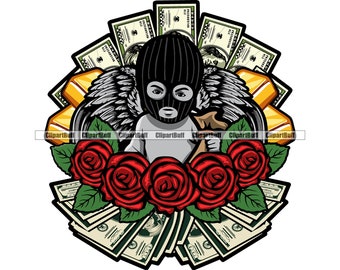 Gangster Baby Angel Wings Money Stack Roses Wearing Ski Mask Hustling Art Color Design Rap Hip Hop Rapper Street Thug JPG PNG SVG Cut File