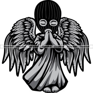 Gangster Hustle Baby Statue Engelflügel betende Hand mit Ski Maske Religion religiös Street Fashion Trap Farbdesign JPG PNG SVG Cut