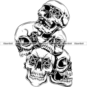 Skull Head Pile Pentagon Stitched Eyes Ear Mouth See Hear Speak No Evil Skeleton Bones Death Horror Ghost Art Tattoo Design JPG PNG SVG Cut