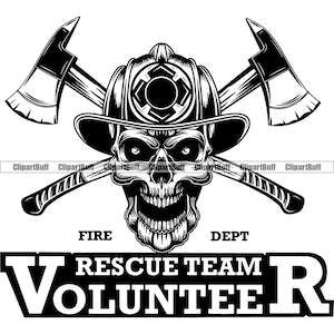 Équipe de sauvetage volontaire Fire Dept Bouclier Hache Os croisés Squelette Visage Pompier Lutte contre les incendies Art Logo Emblème Design Element PNG SVG Cut