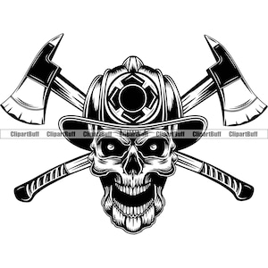Pompier Skull Hat Axes Maltese Cross Fire Emergency Pompier Casque Rescue Firefighting Evil Scary Tattoo Art Logo Design JPG PNG SVG Cut