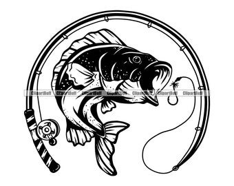 Logotipo de lubina de agua dulce Carrete de caña de pescar Señuelo Pez cebo Insignia deportiva Emblema de equipo de la liga Lago de pescadores Diseño de logotipo de arte JPG PNG SVG Cut File