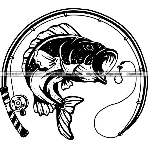 Freshwater Bass Logo Fishing Rod Reel Lure Fish Bait Sport Badge League Equipment Emblem Fisherman Lake Art Logo Design JPG PNG SVG Cut File