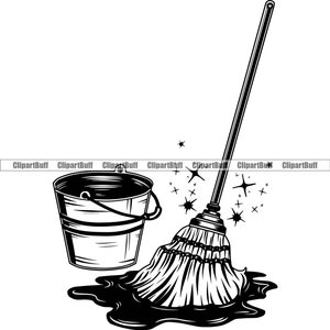 House Office Cleaning Mop Bucket Housekeeping Wash Washing Clean Cleaner Home Business Company Janitor Logo Art Design JPG PNG SVG Cut File