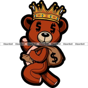 Gangster Hustle Teddybär King Dollar Zeichen Auge Geldtasche Running Cartoon Hip Hop Rap Boss Swag Drip Trap Tattoo Art Logo Design PNG SVG Cut