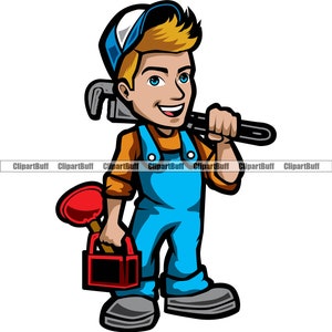 Fontanero Hombre Dibujos animados Personaje Llave de tubería Casa Fontanería Reparación Manitas Fugas Construcción Reparador Casa Arte Logotipo Diseño JPG PNG SVG Corte