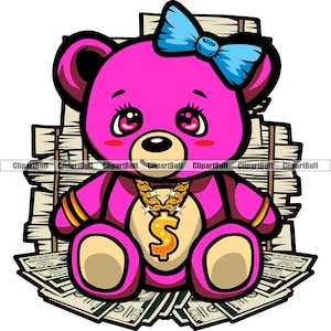 Cute Female Hustle Teddy Bear Hair Bow Big Eyes Gold Dollar Sign Chain Sitting Money Stack Hip Hop Rap Gangster Color Logo Design PNG SVG