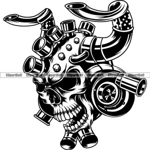 Turbo Skull Chrome Pipe Horns Skeleton Mechanic Service Repair Car Racing Speed Race Racing Horror Garaż Sklep Projekt JPG PNG SVG Wytnij Plik