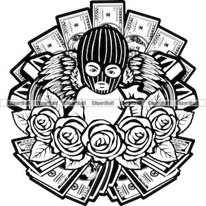 Gangster Baby Angel Wings Money Stack Roses con máscara de esquí Hustling Art Design Rap Hip Hop Rapper Street Thug JPG PNG SVG Archivo recortado