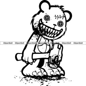 Horreur Teddy Bear Bloody Hammer Blood Drip Ghetto Grin Sharp Teeth Gangster Hustle Rap Hip Hop Hustling Tattoo Design JPG PNG SVG Cut File