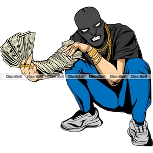 May include: A cartoon illustration of a person wearing a black ski mask and a gold chain, holding a large stack of cash in their hands. The person is wearing blue jeans and black sneakers.